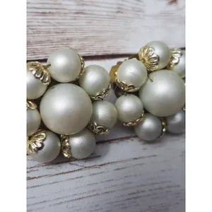 Vintage Clip On Earrings - Pretty Faux Pearl Cluster with Gold Tone Detail 1" thumbnail 3