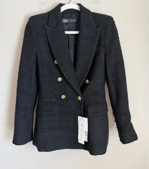Zara Tweed Tailored Blazer Women Size S Black Double Breasted Gold Button NWT thumbnail 1