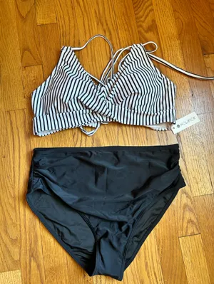 Striped V-Neck Bikini Top with High-Waist Black Bottom - White/Black thumbnail 2