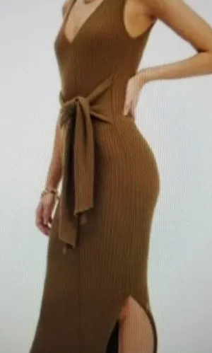 GOOD AMERICAN Sleeveless Rib Knit Tie Waist Midi Dress Taupe Tan Size 2 M thumbnail 1