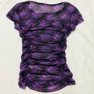 Intimately Free People Purple Floral Mesh Ruched Short Sleeve Top‎ XS thumbnail 2