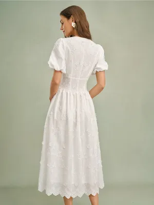 Rihoas White Round Neck Floral Midi Dress thumbnail 6