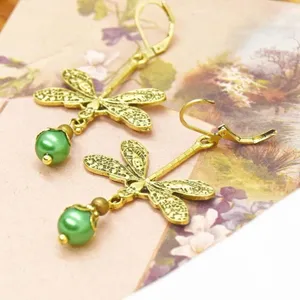 Gold Dragonfly Earrings Green thumbnail 3