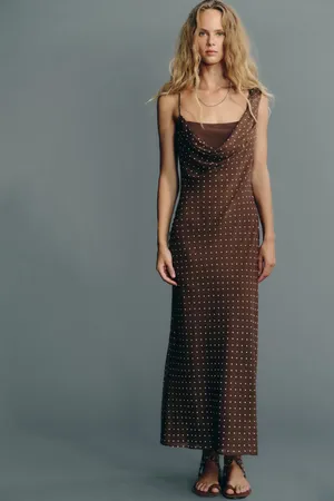 Zara Elegant Brown Polka Dot Cowl Neck Maxi Dress thumbnail 10