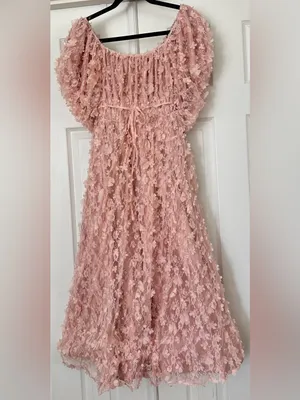 ONE LOVED BABE Wonderstruck Dress Pink 3D Floral Lace Puff Sleeve Midi Large thumbnail 2
