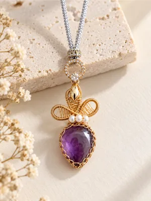 Handmade Purple Stone Pendant Necklace Gold Wire Wrapped Pearl Adjustable Cord thumbnail 2
