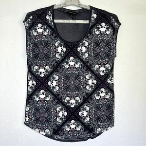 Rock & Republic Lightweight Skull Print Top M Burnout Purple Black Sheer Flowy thumbnail 1
