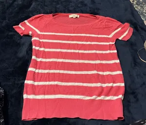 Ann Taylor LOFT Pink and White Striped Short Sleeve T-Shirt thumbnail 1