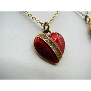 Two Necklaces Enamel Red Heart and Rhinestone Red Solitaire Gold Tone Valentines thumbnail 4