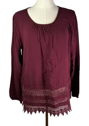 ARIAT Burgundy Long Sleeve Top with Lace Trim‎ Womens Size M thumbnail 1