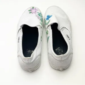 VANS White Perforated Leather Floral Custom Painted Slip On Shoes, Size 10 Boho thumbnail 10