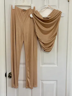 ZARA Gold Metallic Shimmer Draped Top Wide Leg Pants Set Party NYE Glam Holiday M thumbnail 2