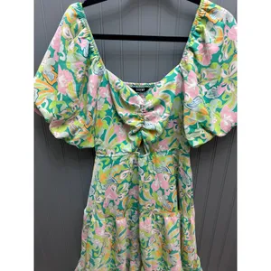BTFBM Green Floral Puff Sleeve Cutout‎ Tiered Midi Dress Womens Large Retro Boho thumbnail 2