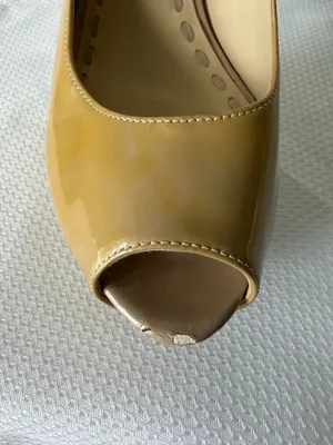 Enzo Angiolini Mustard/Beige Patent Peep Toe Stilettos thumbnail 8