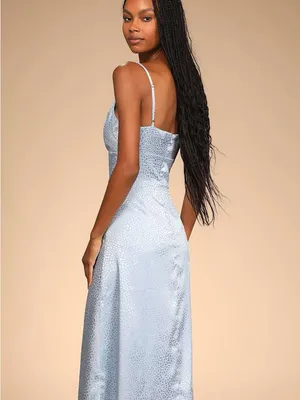 NWT Lulus | Fiercely Chic Light Blue Satin Jacquard Print Cowl Midi Dress, S thumbnail 3