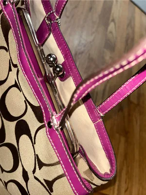Coach Vintage Fuschia & Brown Signature Stripe Framed Carryall F19190 thumbnail 6