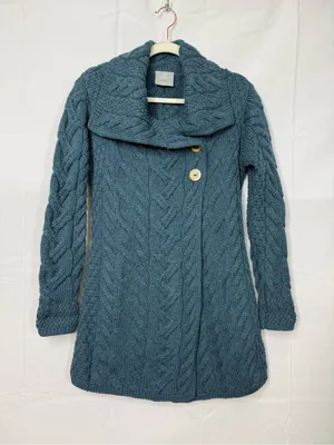 Aran Woollen Mills 3 Button Long Supersoft Merino Wool Cableknit Cardigan Blue thumbnail 2