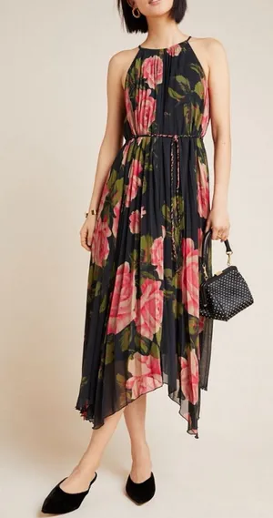 NWT‎ Anthropologie Emeline Black Multi Floral Pleated Boho Midi Dress thumbnail 1