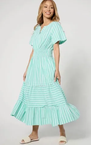 Isaac Mizrahi Live Size S Yarn Dye Striped Poplin Maxi Dress Green White A646863 thumbnail 1
