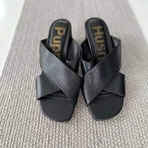 Hush Puppies Ella Black Leather Sculptural High Heel Slides Sandals Sz 9 41 thumbnail 3