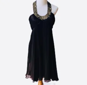 Anne Klein Brown Silk Gold Ring Necklace Halter Dress 10 Marilyn Monroe Flare thumbnail 3