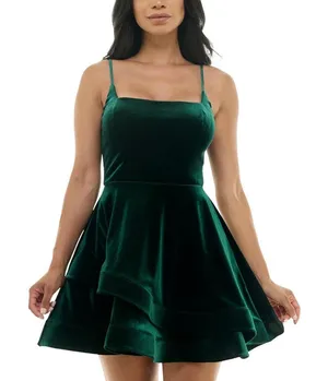 NWT B. Darlin Square Neck Asymmetric Layered Skirt Mini Dress Dark Green 15/16 thumbnail 1