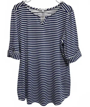 Notations Blue and White Striped Nautical Keyhole Blouse Plus Size XL thumbnail 1