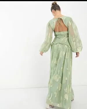 ASOS Foil Floral Long Sleeve Maxi Dress Design Green Mint 0 thumbnail 4