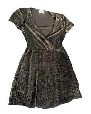 Show Me Your Mumu XS Black Gold Metallic‎ Striped V-Neck Mini Dress thumbnail 1