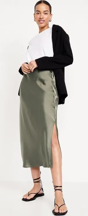 Old Navy olive green satin midi skirt. thumbnail 1