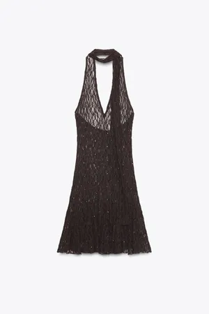 Zara Brown Lace Ruffled Crochet Halter Bohemian Summer Dress thumbnail 7