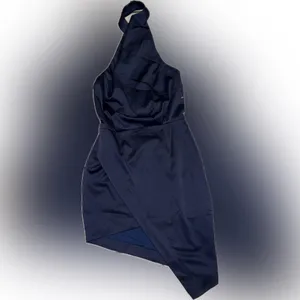NWOT ELLIATT Camo Asymmetric Satin Cocktail halter mini Dress Blue navy sz M thumbnail 3