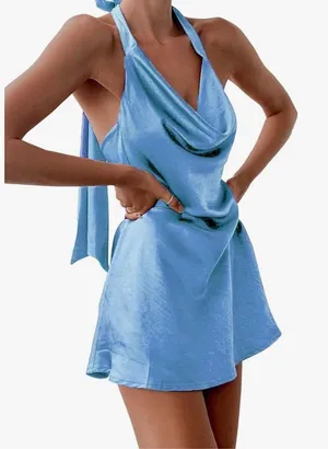 Amazon Blue Flowy High Neck Dress thumbnail 1