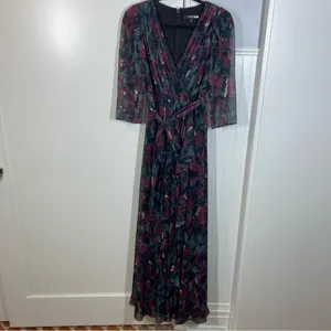 Badgley Mischka Pleated Floral Gown Size‎ 4 Gray Black Burgundy formal wedding thumbnail 2