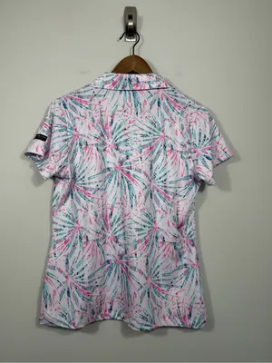 Yatta Golf Women’s M Pink Teal Tropical Palm Print Polo Shirt 19/24 Logo thumbnail 2