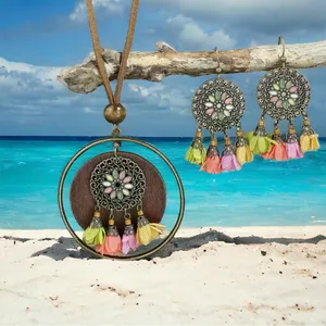 Boho Zinc Alloy Wood Retro Flower Design Tribal‎ Necklace & Earrings Set thumbnail 10