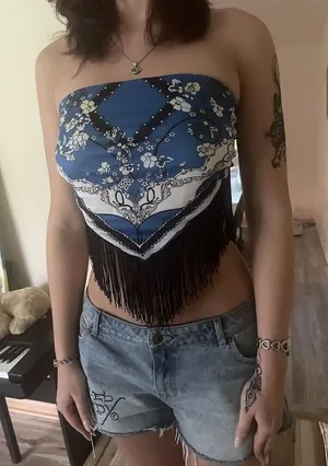 Blue Floral Stripe Fringe Bandana Tube Top L Strapless Tie Back Cotton Blend thumbnail 1