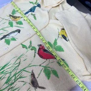 Vintage AU Women's yellow terry cloth cardigan Sweater Bird Art Applique Print thumbnail 4