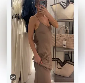 Zara Tan Lace Strappy Embroidered Midi Slip Dress thumbnail 2