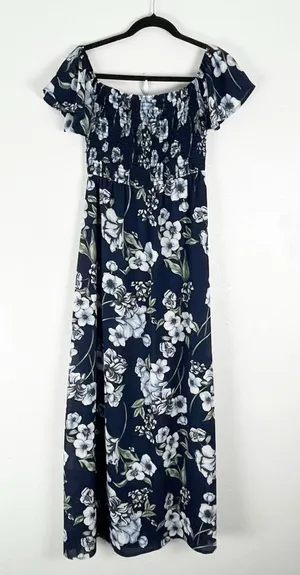 ALTAR’D STATE Blue Floral Smocked Bodice On/Off Shoulders Side Split Dress Small thumbnail 1