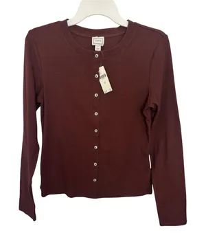 NWT Anthropologie Maeve Burgundy Cotton Blend Fitted Knit Cardigan M thumbnail 1