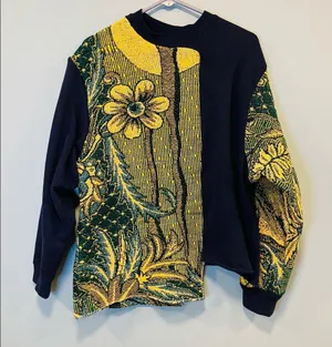 Tapestry blanket sweater Custom reworked floral navy tapestry sweater size large thumbnail 2