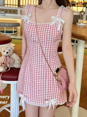 Japanese Kawaii Summer Red White Plaid Lace Ribbon Bow Y2K One Piece Mini Dress thumbnail 4