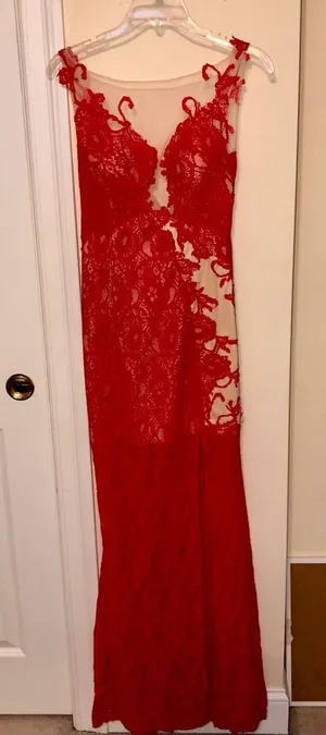 jovani red and nude lace fitted prom dress thumbnail 1