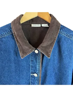 St John's Bay Women's 1X Denim Chore Barn Jacket Brown Corduroy Collar Blue thumbnail 3