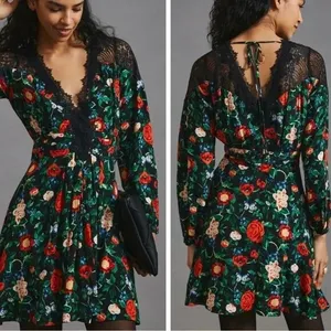 Anthropologie Black Floral Lace Trim V-Neck Long Sleeve Mini Dress 8 Whimsygoth thumbnail 2
