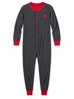 Little Blue House Bear Naked Adult XL Union Suit Pajamas One Piece Gray Red thumbnail 4
