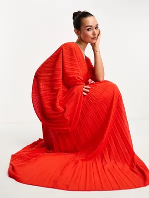 ASOS Pleated Maxi Dress Draped Balloon Cutout Sleeves Sz 8 vibrant flowy thumbnail 1
