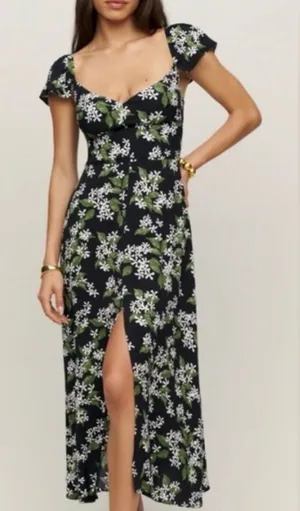NWOT Reformation Baxley Black and Green Floral Print Midi Dress thumbnail 1