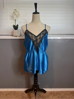 Vintage Sapphire Blue Satin Lace Cami Top Made USA Union Tag Size M thumbnail 3